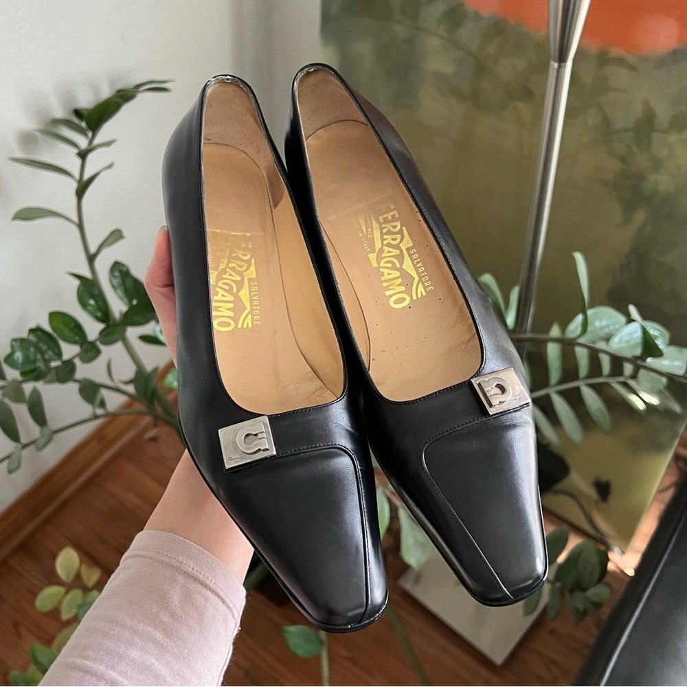 Salvatore Ferragamo Black Leather Buckle Heels